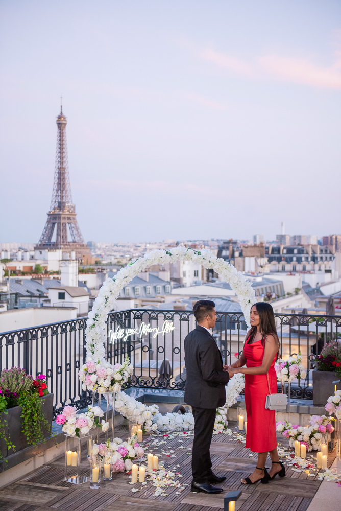Elegant Parisian rooftop marriage proposal